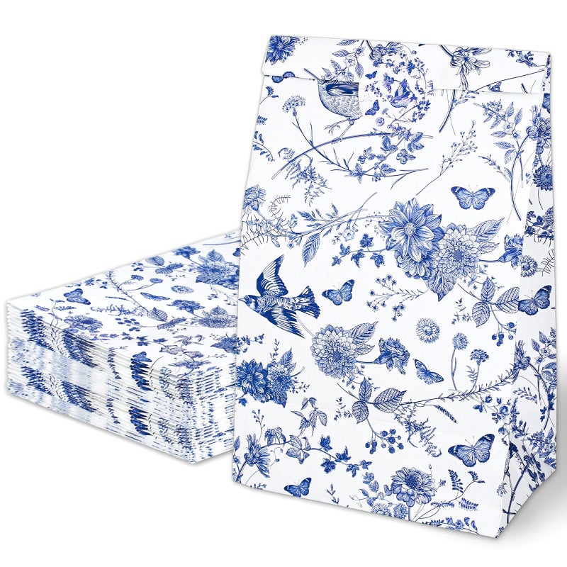 Whaline 24Pcs Blue Floral Paper Gift Bags Vintage Chinoiserie Flowers Birds Goodie Treat Bag with Stickers for Baby Shower Wedding Birthday Party Wrapping Supplies 51 x 31 x 94 Inch